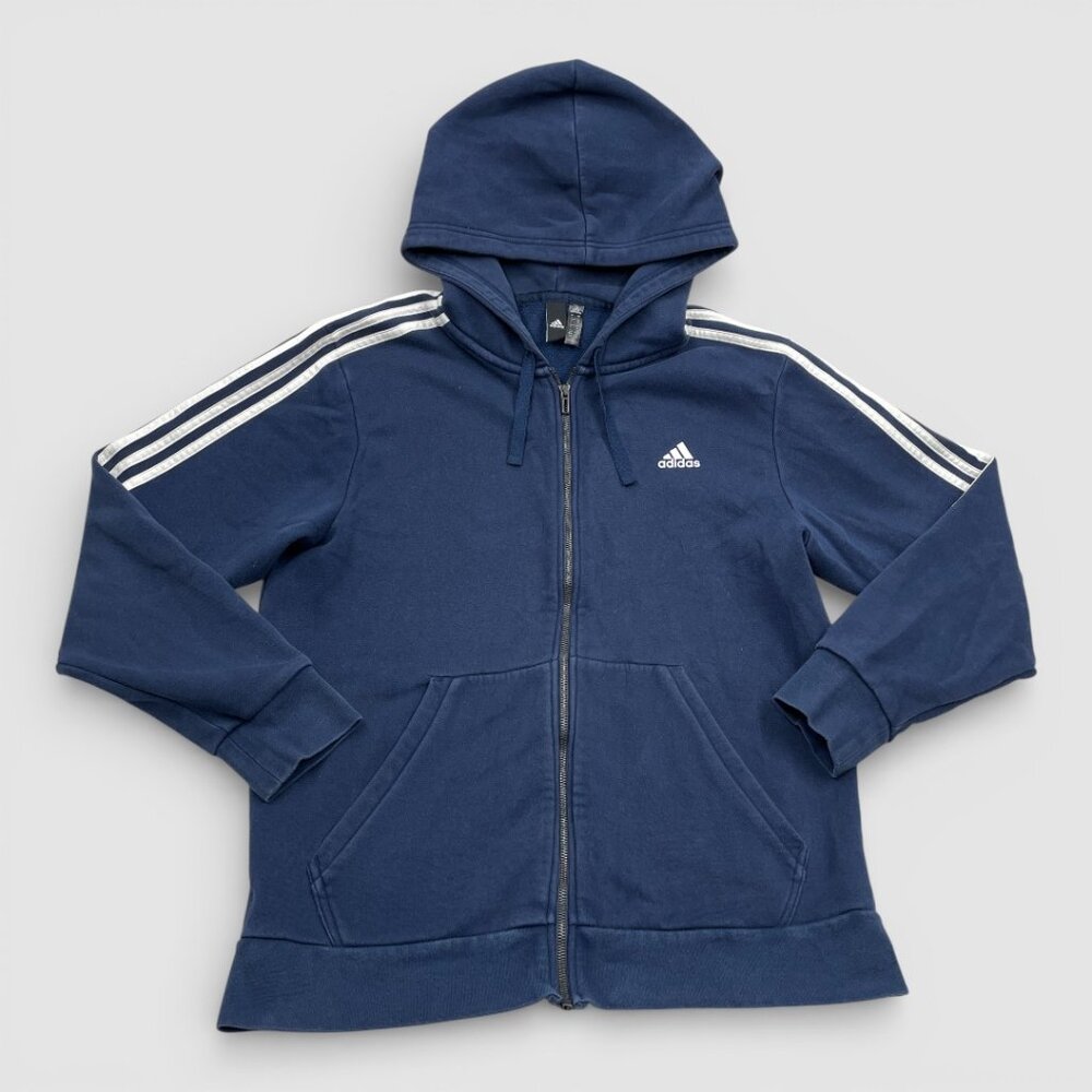 Adidas 3 Stripe Blue Hooded Hoodie Full Zip Cotton Blend Track Jacket Men's L